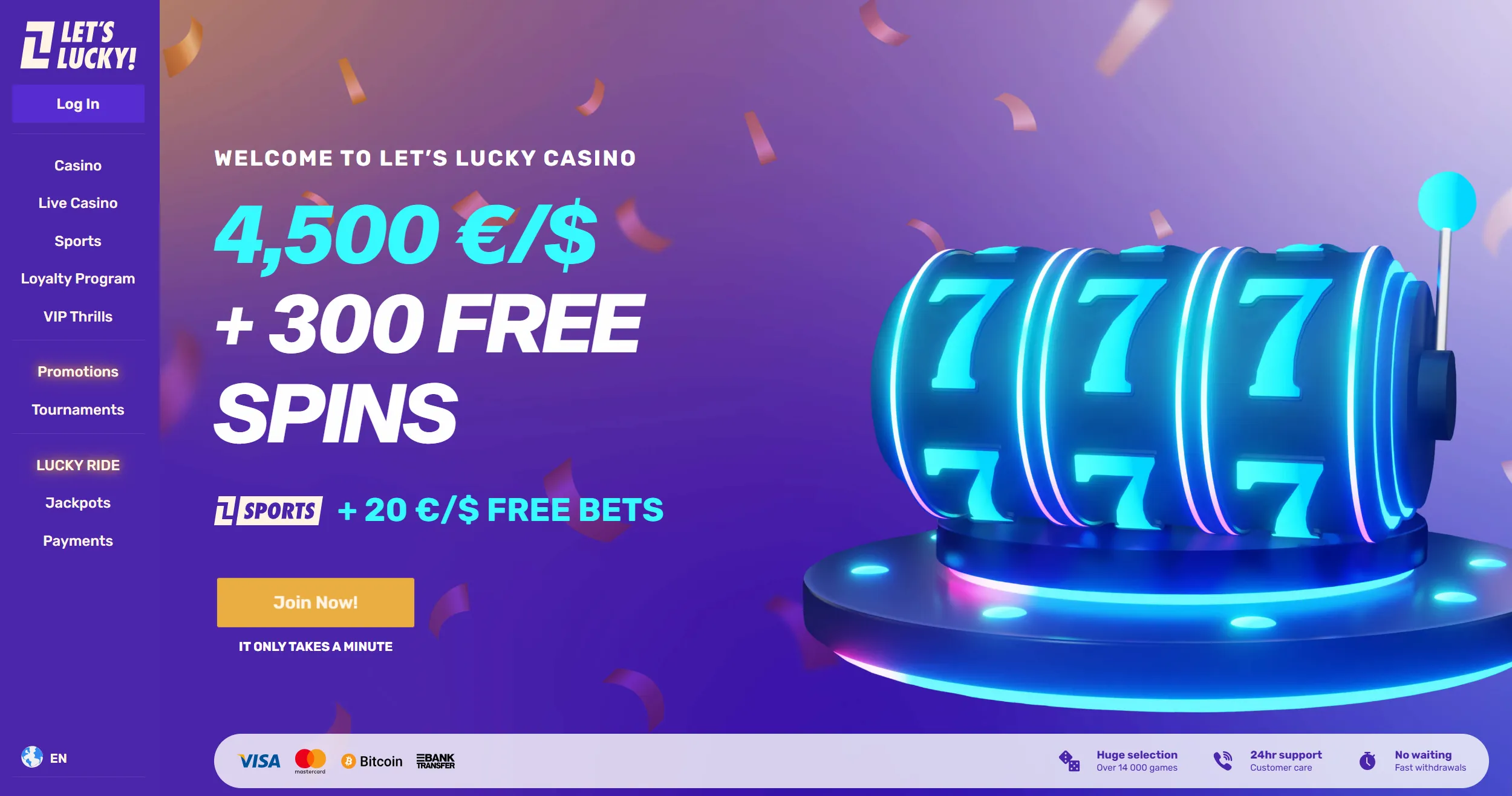 LetsLucky casino frontpage showing welcome offer and site main navigation