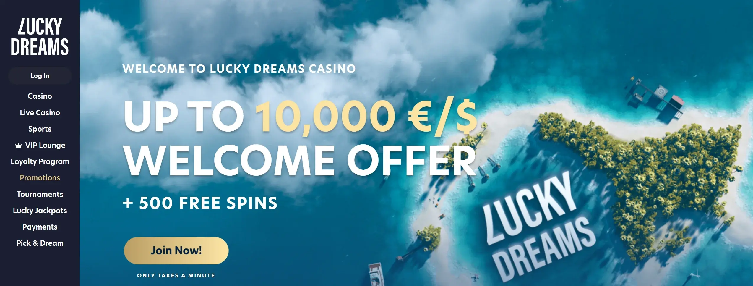 Lucky Dreams casino frontpage showing welcome offer and site main navigation